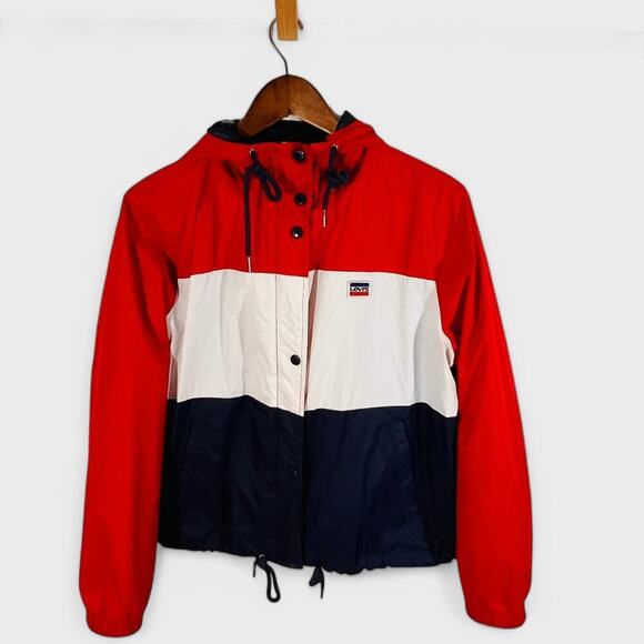 Levi’s Hooded Nylon Colorblock Windbreaker Red White Blue Juniors L - Picture 1 of 9